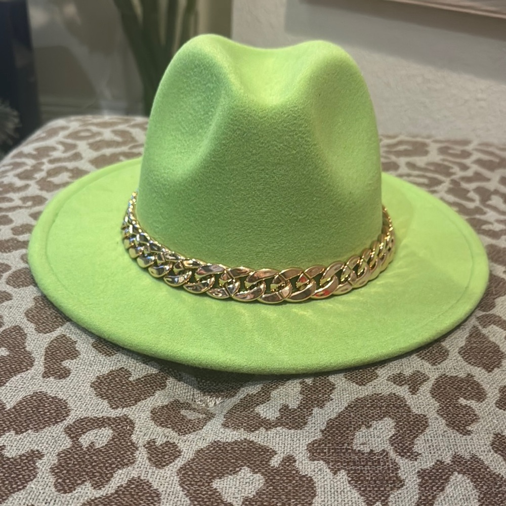 Lime Green Fedora with Removable Gold Chain Accent